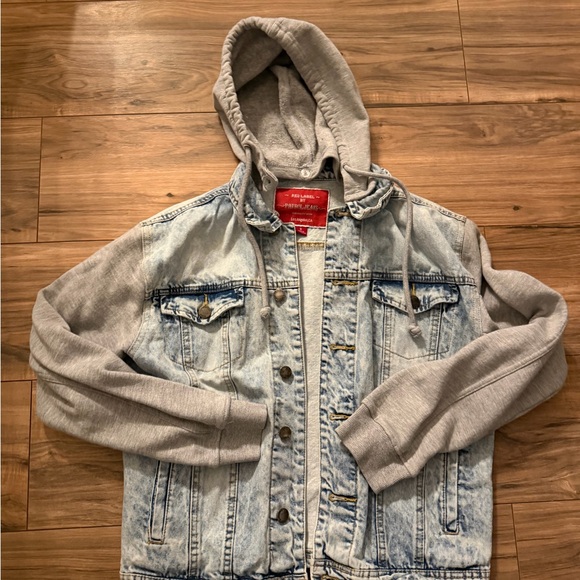 Red Label By Patrol Jeans Size Small Wash Denim Jacket Gray Hood & Sleeves Y2K - Picture 5 of 11